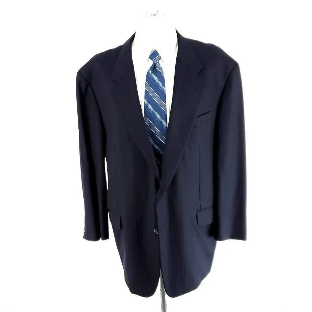 Hickey Freeman Bespoke Wool 2 Button Blazer 46R Blue Herringbone‎